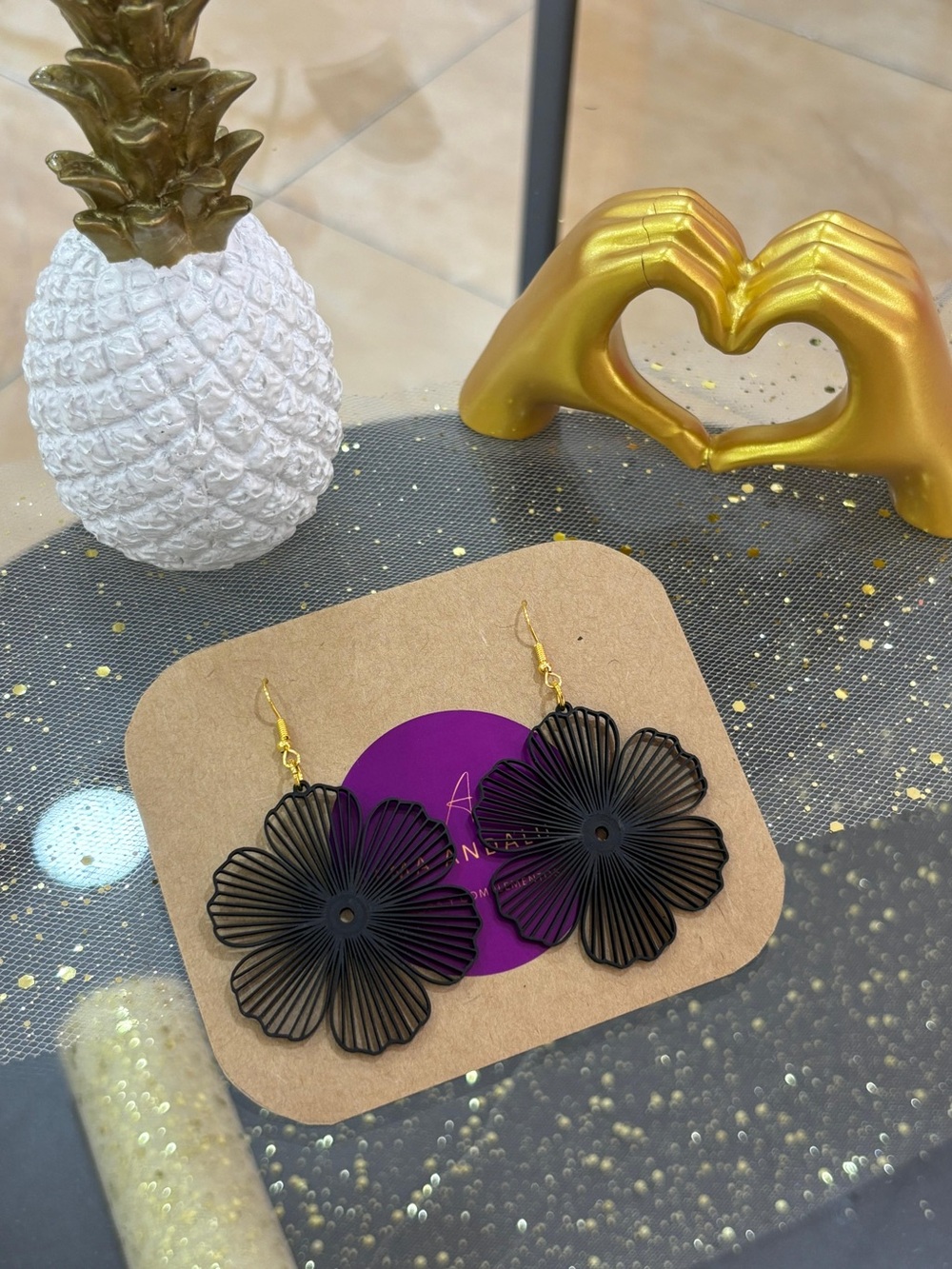 Handcrafted Black Floral Drop Earrings - Elegant Women Jewelry